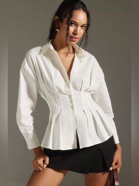 Anthropologie Exquise The Tobie Long-Sleeve Pleated Blouse by Exquise Size L